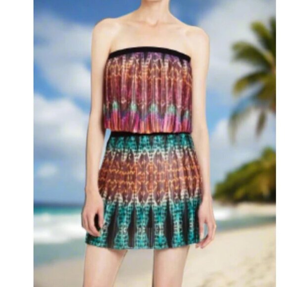 BCBG Maxazria Boho Mini Dress Large Strapless Tribal Print Pleated Georgette - Picture 1 of 6